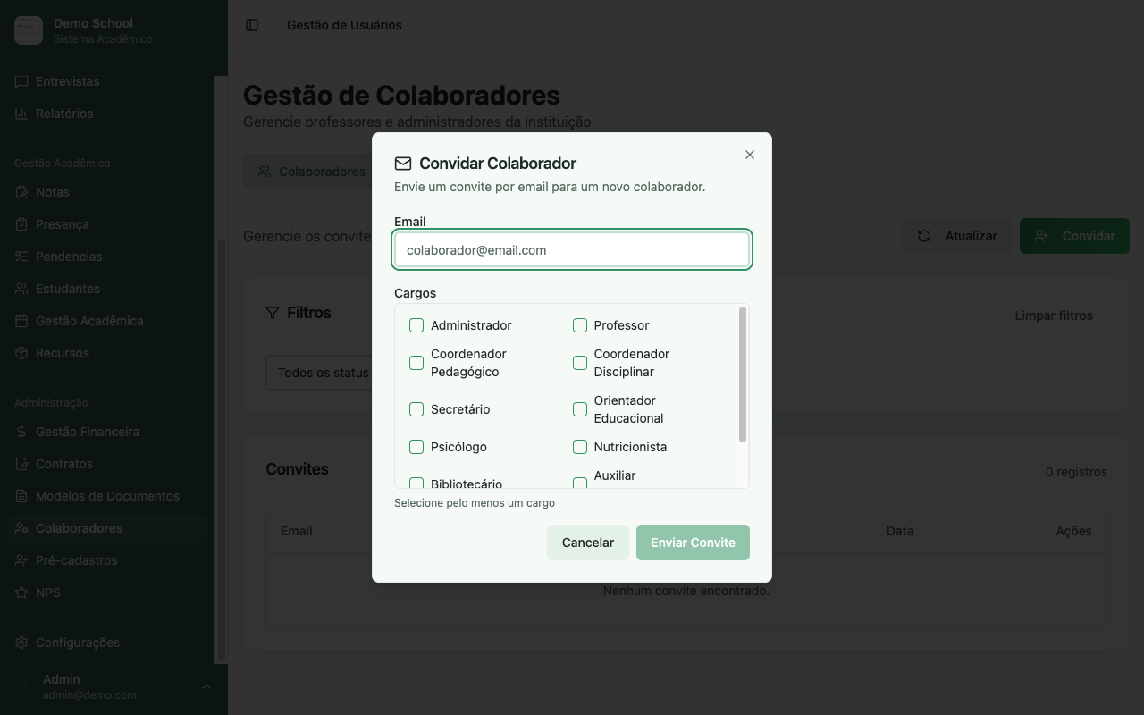 Formulário de convite com campo de e-mail e seleção de cargos
