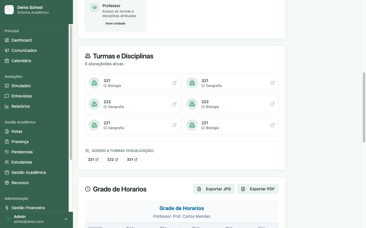 Seção de turmas e disciplinas do professor com associações cadastradas e acesso a turmas