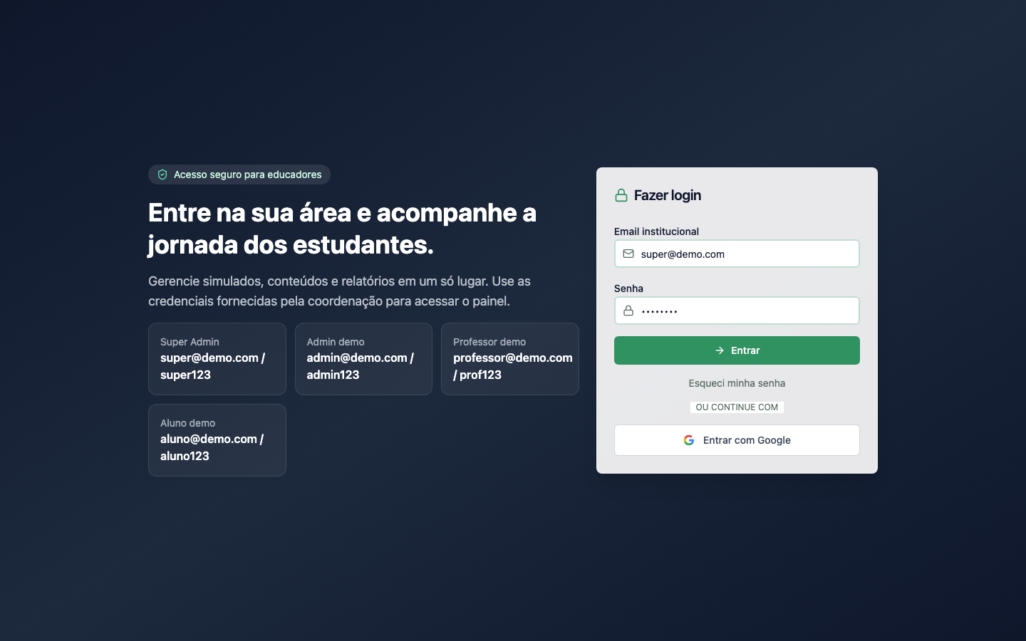 Dashboard do administrador com resumo da escola e acesso às configurações
