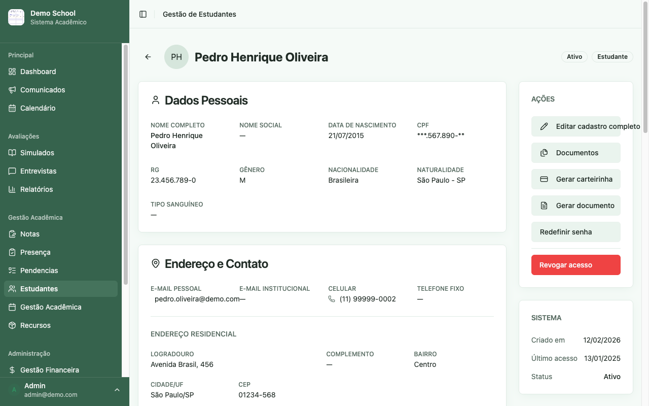Perfil completo do estudante com dados pessoais, endereco, contato e acoes