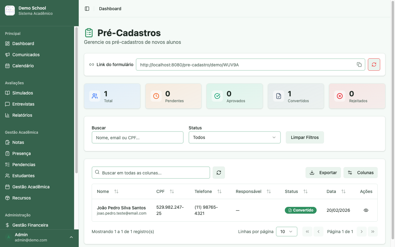 Tela de pre-cadastros com link do formulario, estatisticas e lista de solicitacoes